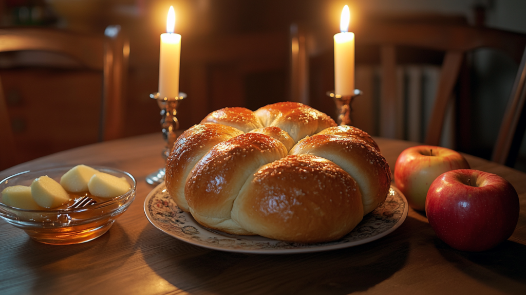 A round Challah with Apples and Honey and Shabbat Candles