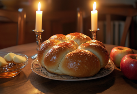 A round Challah with Apples and Honey and Shabbat Candles