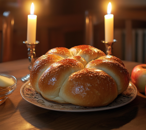 A round Challah with Apples and Honey and Shabbat Candles